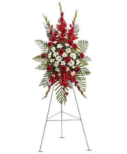 Strength and Solace - A beautiful complement to the memorial service, this gorgeous spray of red and white floral favorites will be deeply appreciated by the family during their time of loss. - The magnificent spray includes red gladioli, red carnations and white cushion spray chrysanthemums, accented with emerald palm and leatherleaf fern.
