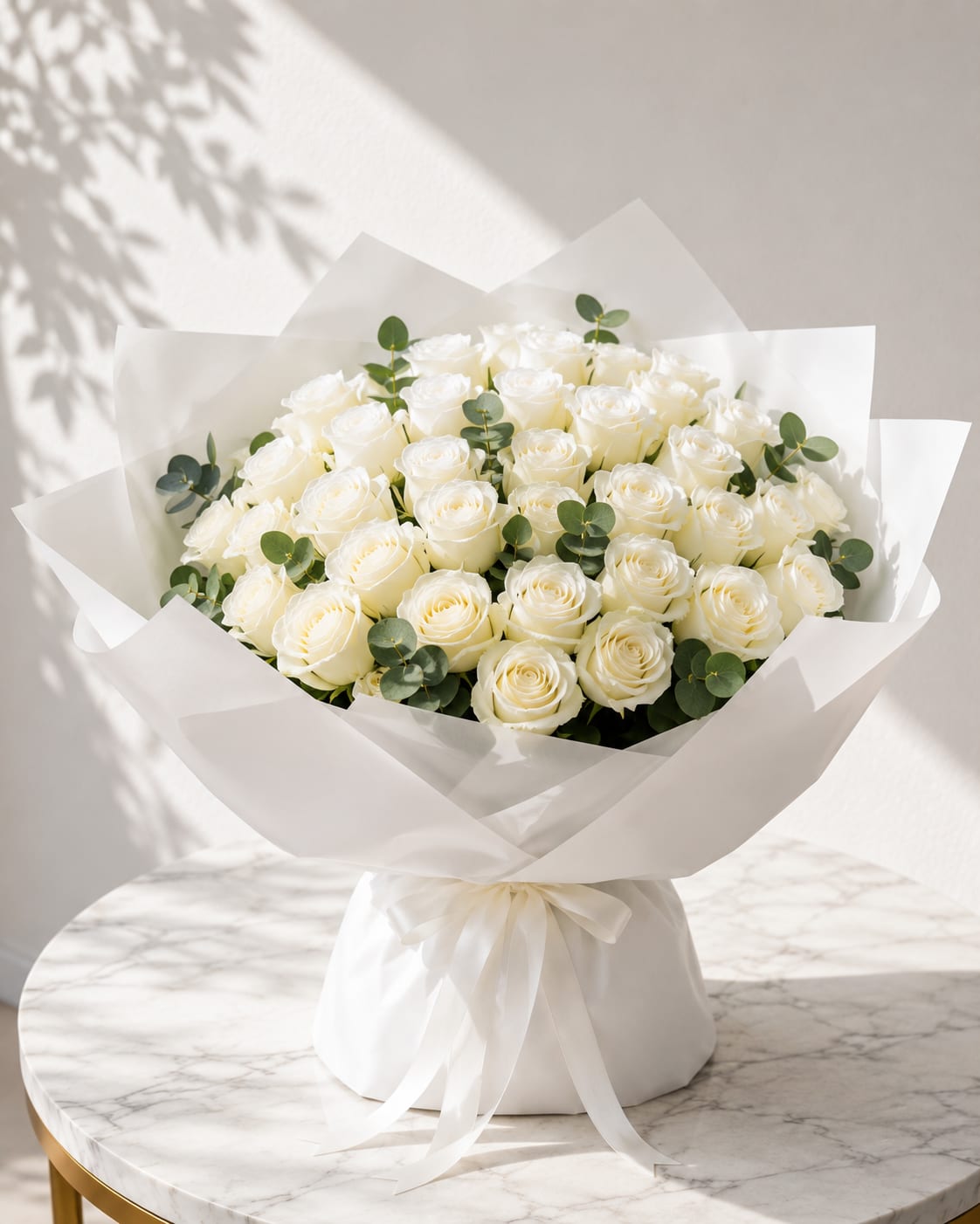 Pure Luxury - A luxurious bouquet of 40 premium white roses accented with fresh eucalyptus and elegantly wrapped in signature Korean paper. Designed with timeless beauty and sophistication, this bouquet is perfect for anniversaries, birthdays, sympathy, weddings, and meaningful moments. Available for local flower delivery in Myrtle Beach, South Carolina.