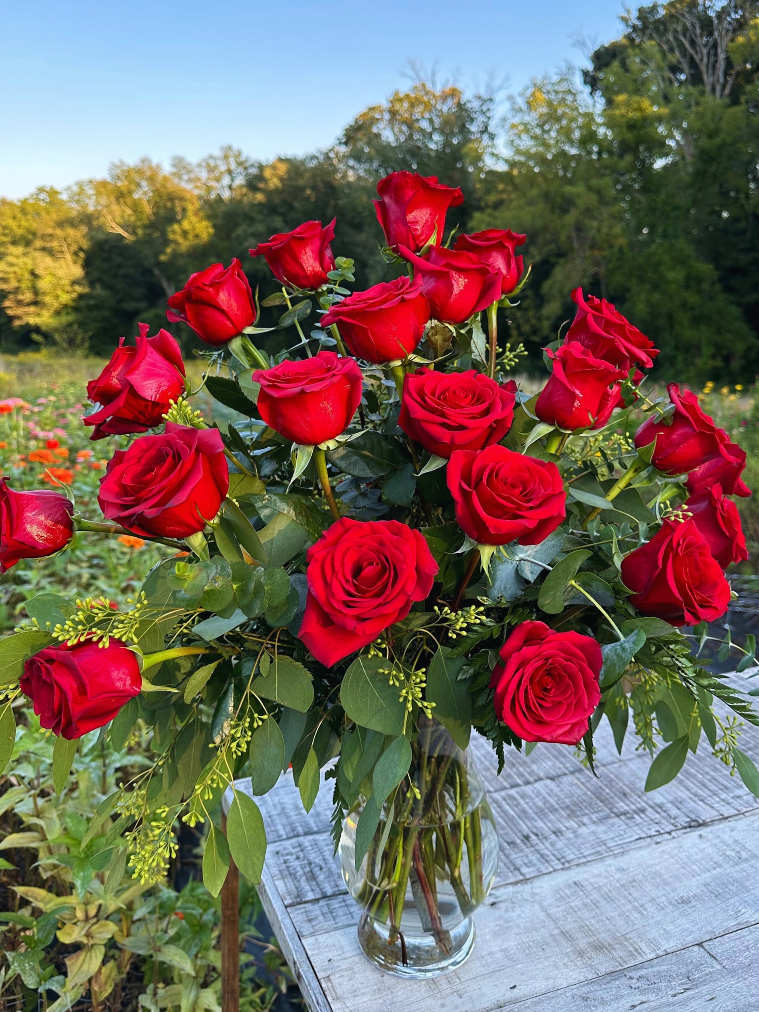 2 Dozen Rose Arrangement - Red roses hugged by airy greens are beautifully arranged in a clear glass vase, creating a classic, romantic statement perfect for an anniversary arrangement, birthday surprise, or Valentine's Day gift. This 2 dozen rose arrangement pairs rich red blooms with verdant greenery to make the person you're thinking of feel truly seen and celebrated.  Inside the clear vase, 24 roses are evenly spaced with abundant foliage for a full, lush silhouette; the gathered stems are visible through the glass for a simple, elegant presentation. The color palette suits romantic occasions, milestone birthdays, proposals, and special celebrations where you want to express enduring love or deep appreciation.  We offer reliable flower delivery in Baltimore and same-day options to bring this arrangement straight to their door. *Please note your preferred rose color in the special instructions when ordering.
