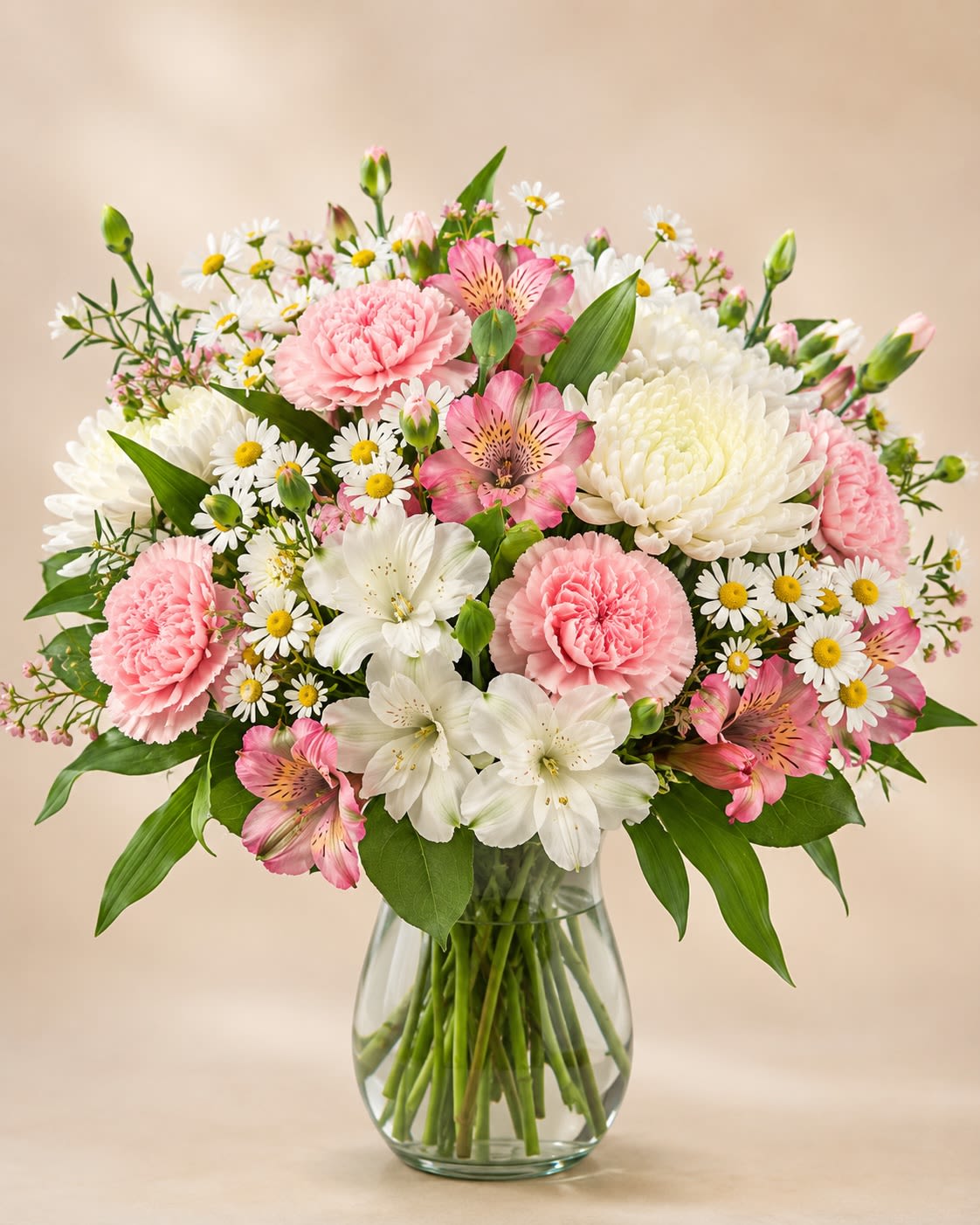 Sweet Daisy Dreams - Description &amp; Substitution Policy  Delight someone special with the soft beauty of Sweet Daisy Dreams. This charming garden-inspired arrangement features delicate pink carnations, elegant white cushion chrysanthemums, cheerful chamomile daisies, pink alstroemeria, and lush seasonal greenery, all beautifully arranged in a timeless clear glass vase. Its fresh pastel palette and airy design make it a wonderful choice for birthdays, new baby celebrations, get well wishes, thank-you gifts, sympathy, Mother’s Day, or simply to brighten someone’s day.  Each arrangement is handcrafted by the designers at House of Bloom using the freshest premium flowers available. Due to seasonal and regional availability, flower varieties, colors, or the vase may be substituted with blooms or containers of equal or greater value while preserving the overall color palette, style, size, and premium quality of the arrangement. Every design is created with care to ensure it arrives just as beautiful as the one pictured.