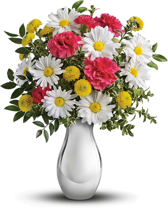 Just Tickled - Imagine how tickled she'll be when this sweet bouquet comes her way! Arranged in our shimmering Silver Reflections vase - a gift she'll adore for years to come - this cheerful mix of hot pink carnations and crisp white daisies is a bright reminder of how much you care.  Beautiful hot pink carnations and miniature carnations, white daisy chrysanthemums and yellow button chrysanthemums are arranged with fresh huckleberry and oregonia.