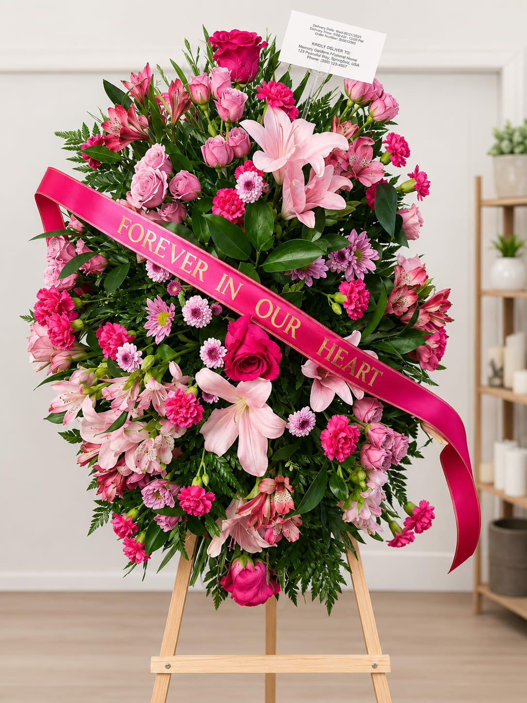 Forever in our hearts tribute standing spray  - graceful standing sympathy spray designed to honor a cherished life. This elegant arrangement features premium pink roses, fragrant lilies, alstroemeria, carnations, daisy mums, and lush greenery, beautifully accented with a heartfelt ribbon. Displayed on a standing easel, it offers a loving expression of comfort, remembrance, and support during a time of loss.