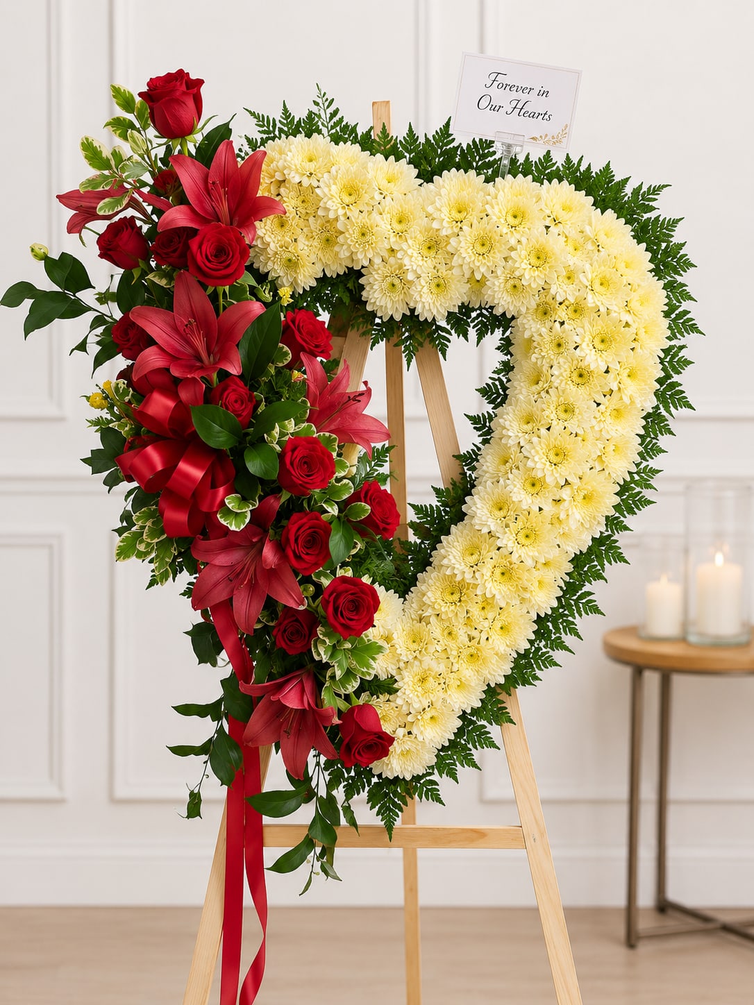 Crimson Heart Sympathy Tribute - Honor a cherished loved one with this elegant heart-shaped standing tribute. Designed with a full heart of white chrysanthemums and accented with luxurious red roses, deep burgundy lilies, variegated foliage, and cascading greenery, this arrangement symbolizes everlasting love, remembrance, and compassion. Displayed on a standing easel, it offers a beautiful and meaningful expression of sympathy for funeral or memorial services.