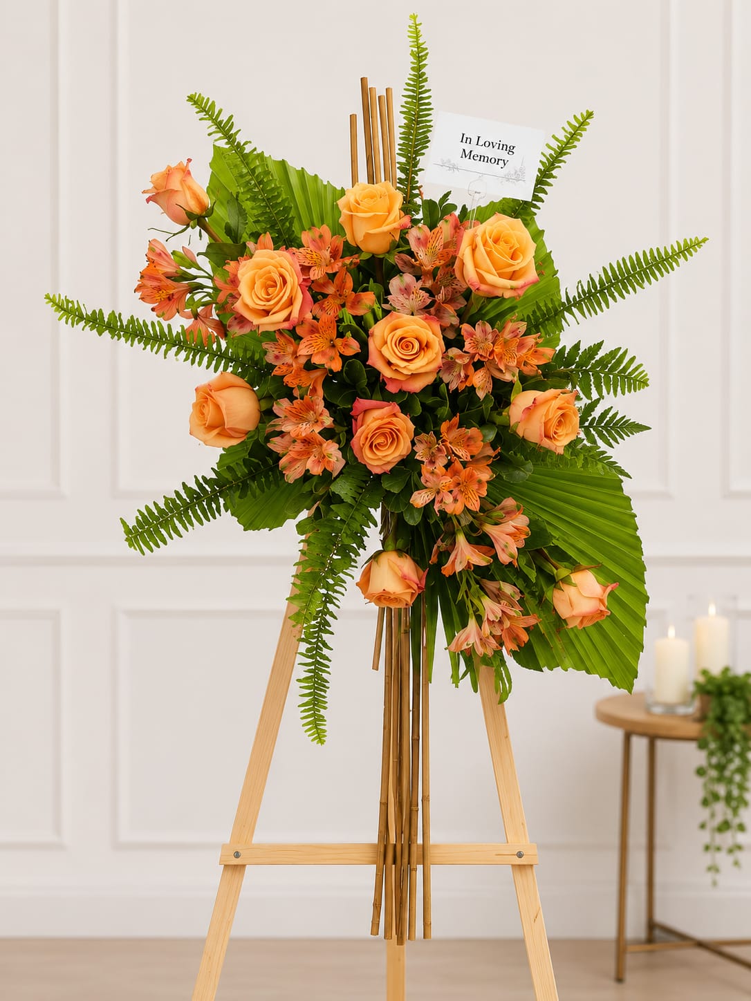 Golden Sunset Standing Tribute - contemporary standing sympathy arrangement designed with warm peach roses, vibrant alstroemeria, tropical foliage, and elegant greenery. The artistic design features natural bamboo accents and flowing lines that symbolize peace, hope, and remembrance. Displayed on a standing easel, this tribute offers a graceful expression of love and support for funeral or memorial services.
