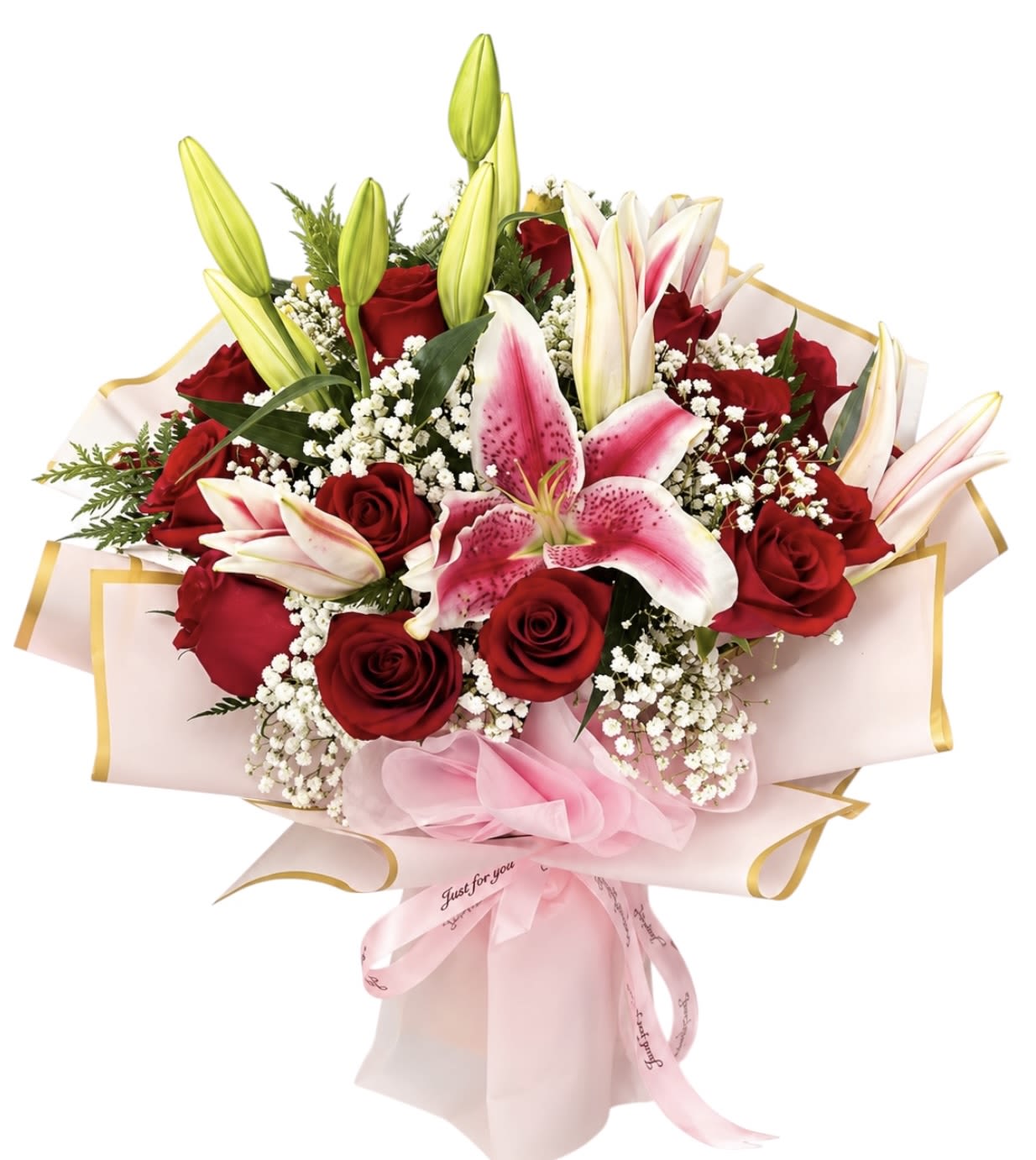 Red Roses and Lilies - Deep red roses meet pink-and-lilies in a romantic flower arrangement that reads like a love letter. Perfect as an anniversary bouquet, Valentine's Day surprise, birthday gift, or Mother's Day treat, this rounded arrangement sends a clear message of affection and celebration - the person you're thinking of will feel cherished and seen the moment they unwrap it.  The bouquet features deep red roses, pink-and-lilies with several unopened buds for height and a fresh, just-blooming look, and clusters of small white filler flowers for soft texture. Wrapped in pale pink paper with gold-edged trim and tied with a soft pink ribbon, the presentation is polished and elegant. The mix of red, pink, white, and a touch of yellow creates lively contrast while staying refined. 