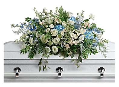 Tender Remembrance Casket Spray - As soft and delicate as a tender remembrance, this stunning spray of sky blue hydrangea and pure white roses brings a fresh, natural beauty to the casket.  This stunning spray includes blue hydrangea, white roses, white spray roses, white alstroemeria, white lisianthus, blue delphinium, white larkspur, white stock, white waxflower, dusty miller, huckleberry, asparagus plumosus, pitta negra, lily grass, dagger fern, and lemon leaf.  Approximately 36" W x 24" H