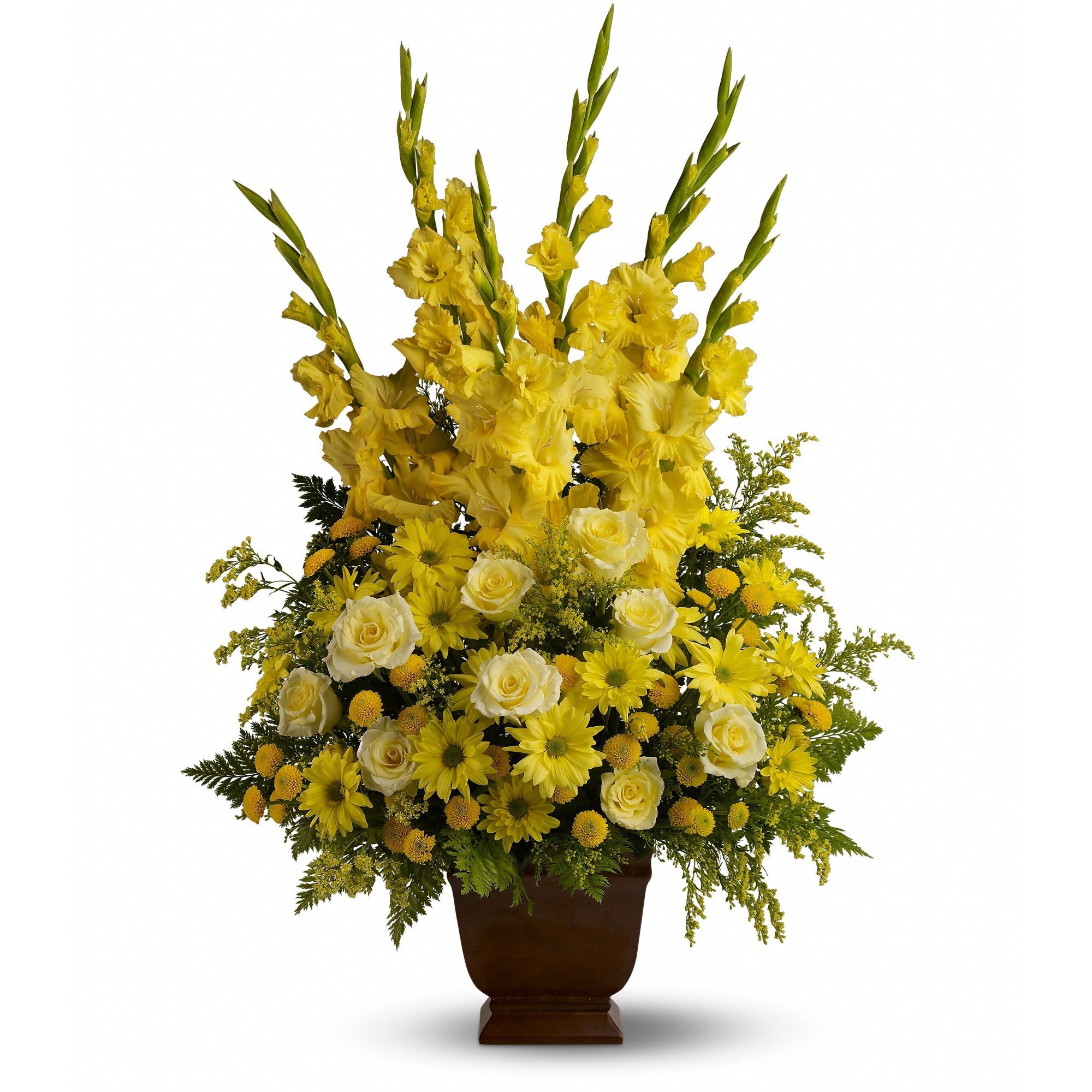 Tall yellow floral arrangement in a brown urn vase