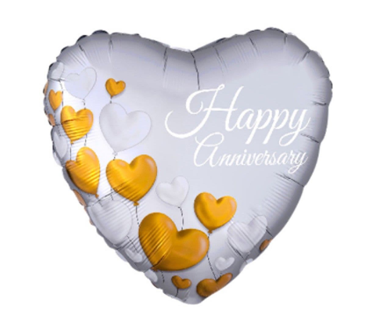 Heart-shaped silver balloon with gold and white hearts and "Happy Anniversary" text