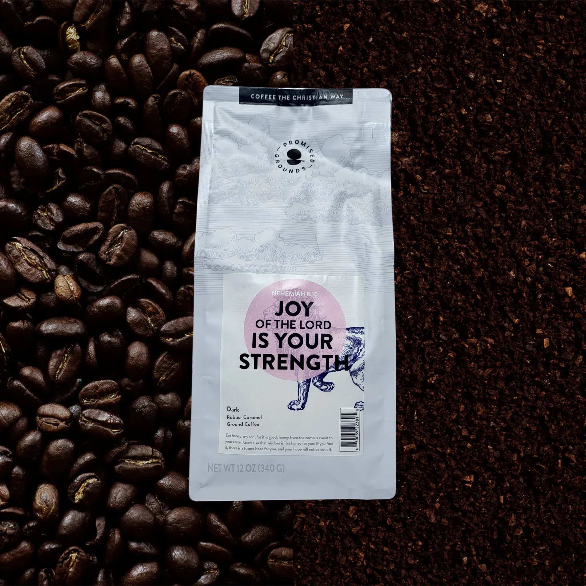 Bag of ground coffee on coffee beans