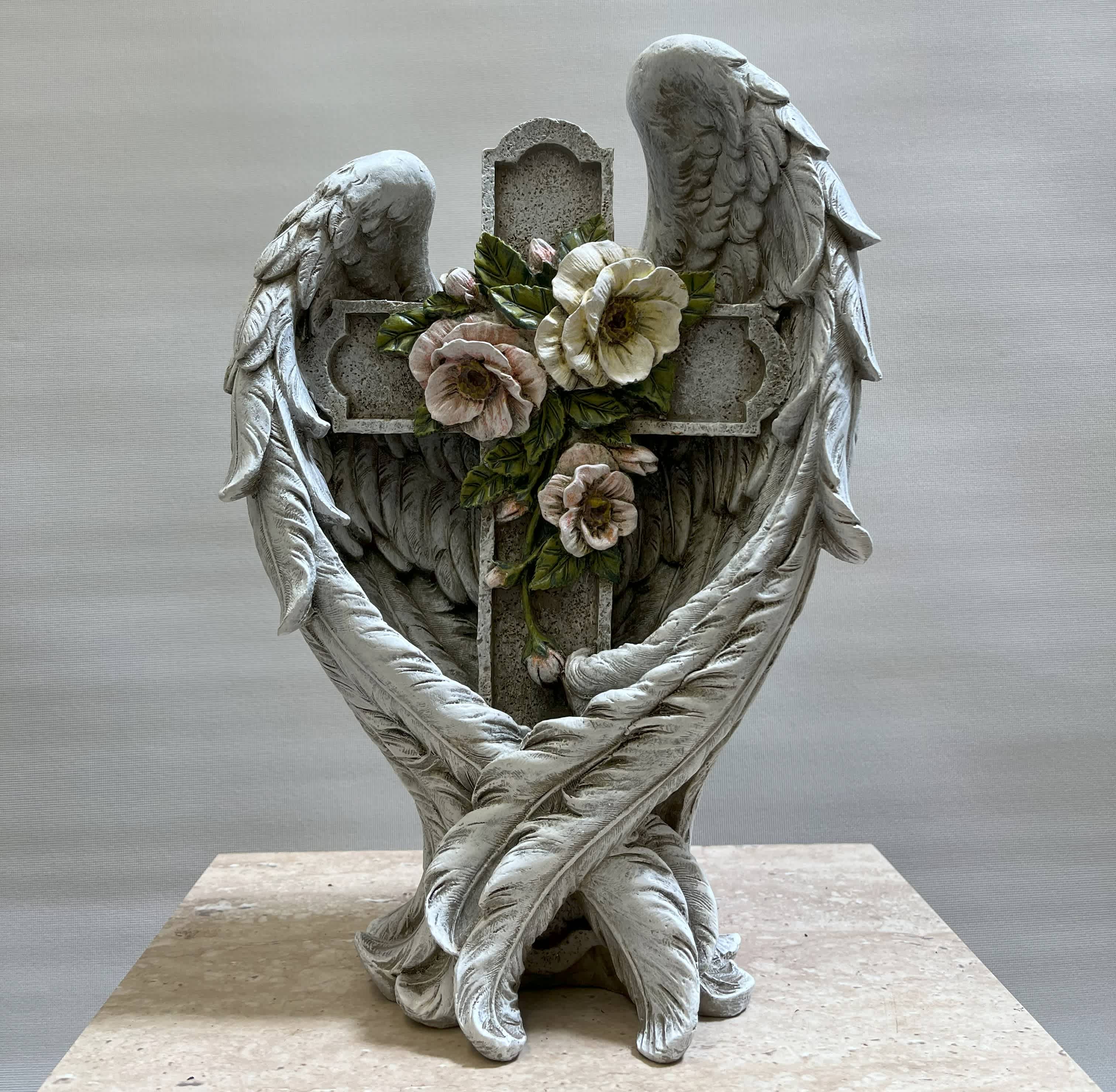 Flowered Cross in Angel Wings - Resin 11.75"H x 8"L