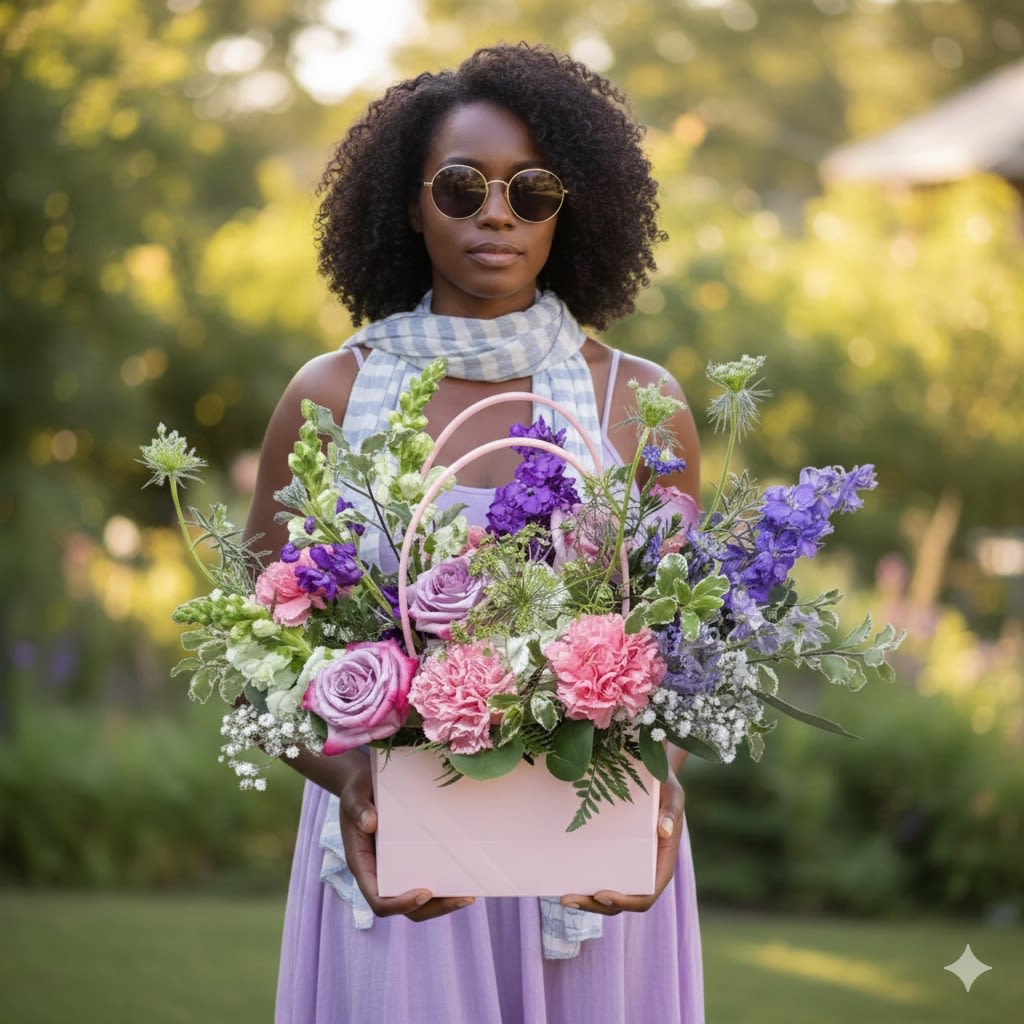 Woman holding a pink box of purple and pink flowers