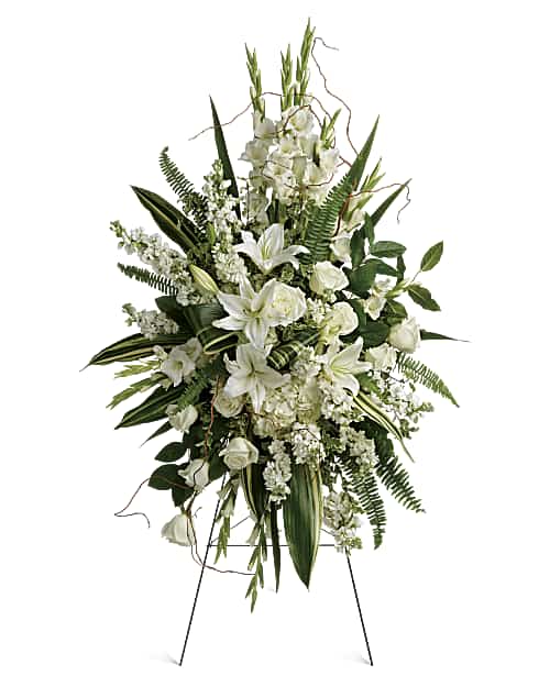 Heartfelt Sympathy Spray - A peaceful display of your heartfelt sympathy, this pure white spray of hydrangea, roses and lilies brings a natural serenity to the service.  This beautiful spray includes white hydrangea, white roses, white oriental lilies, white gladioli, white stock, pitta negra, sword fern, curly willow, variegated aspidistra leaves, and lemon leaf. 