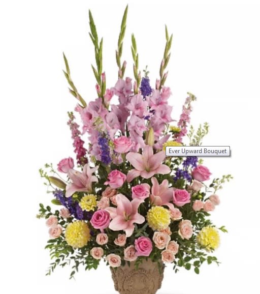 Ever Upward Bouquet - Fresh flowers such as pink roses, lilies, gladioli and larkspur stems artfully mixed with yellow dahlias and purple larkspur. Approximately 26" W x 45" H