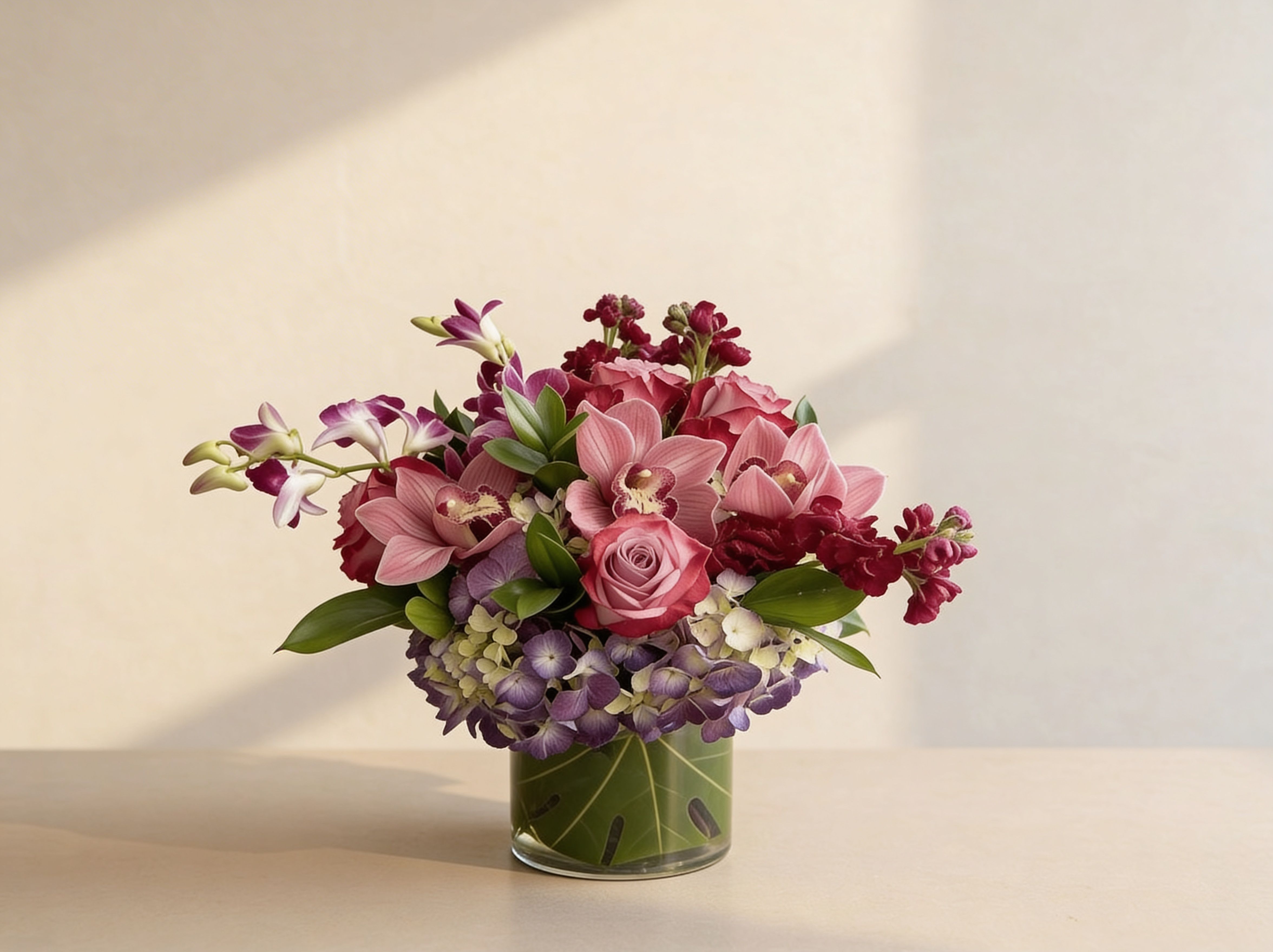 Low arrangement of pink roses and orchids with purple hydrangea in a leaf-lined glass vase