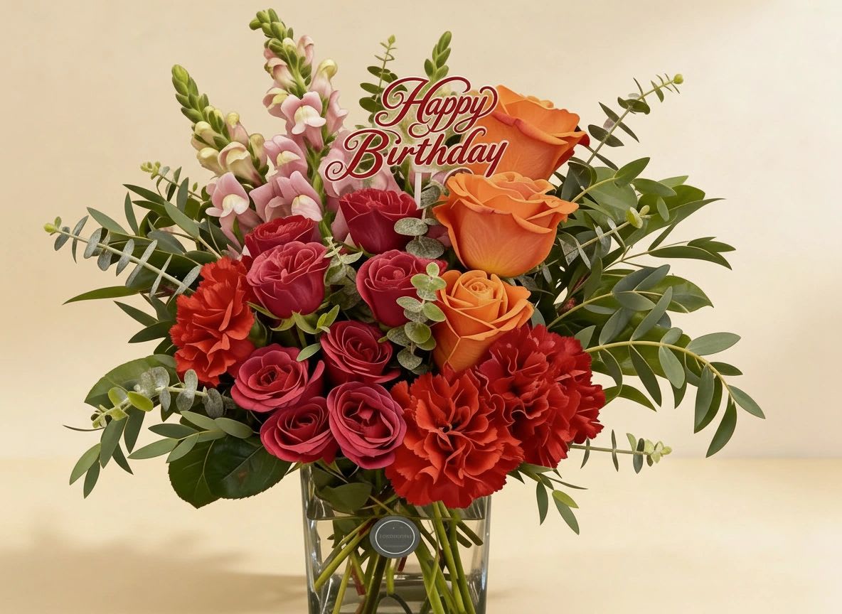 Birthday arrangement of red and orange roses, red carnations, and pink snapdragons in a glass vase.