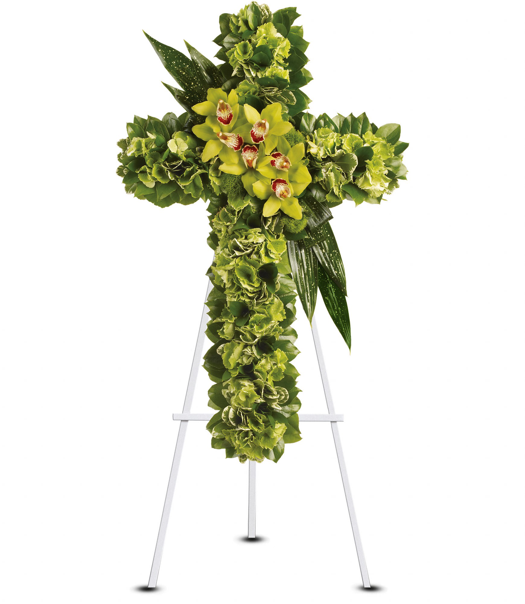 Green floral cross on a white easel with yellow orchids