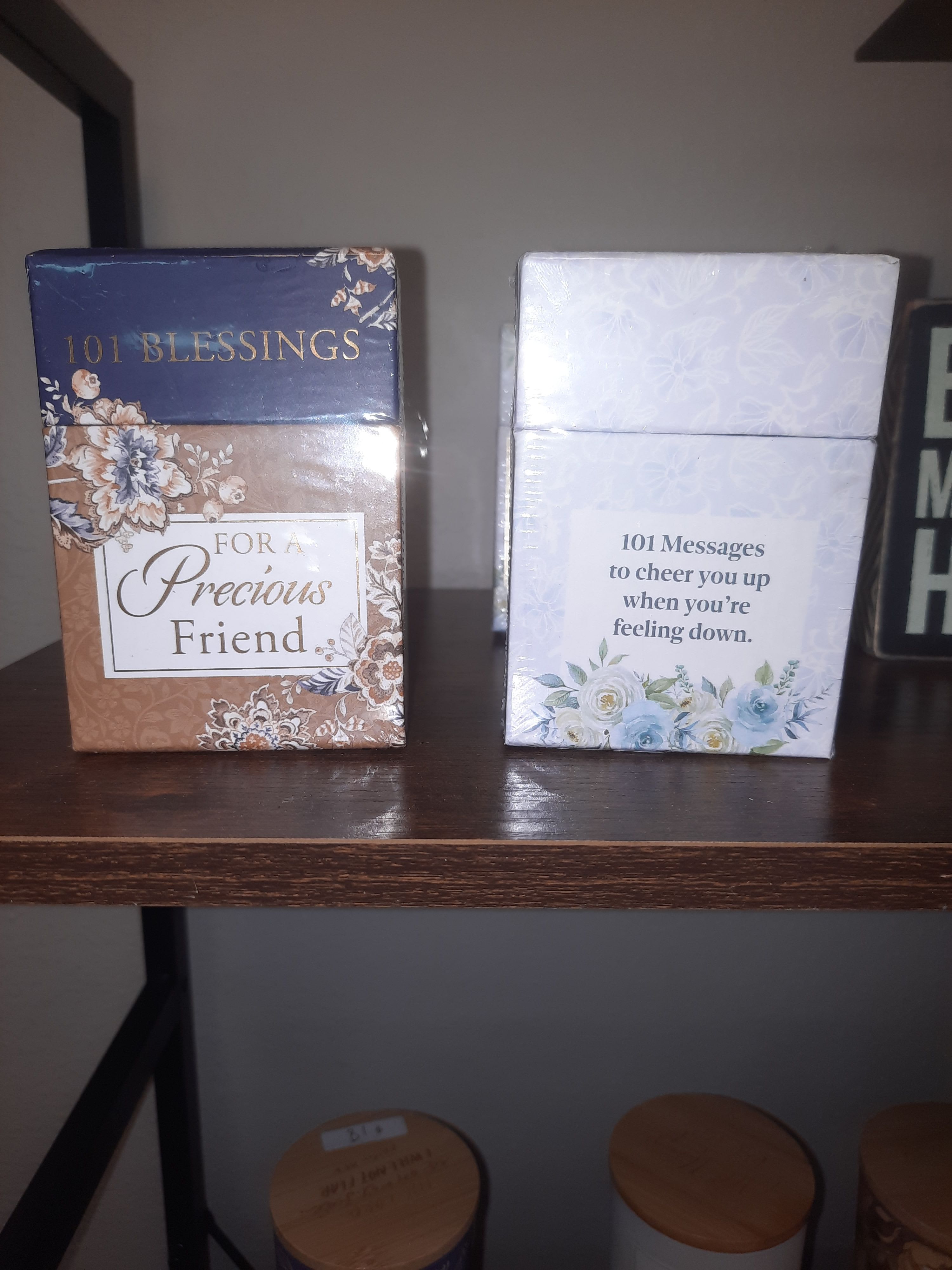 101 Blessings - A Box Blessings - Soft pastel gift boxes designed to comfort and uplift make this boxed blessings set a thoughtful gift for a friend, a loved one, or anyone who needs encouragement. Perfect as a sympathy pick-me-up, a "thinking of you" present, or a thoughtful birthday surprise, these boxed message sets read as a gentle, emotional gift that says you care without needing words at the moment of giving.  Each set arrives in a decorative gift box with floral patterns in white, blue, pink, and brown tones; one box is titled "101 Blessings for a Precious Friend" and the other "101 Messages to cheer you up when you're feeling down." The packaging is designed to feel personal and soothing - easy to tuck into a care package, place on a bedside table, or present as a standalone keepsake that invites daily reflection.  Give this when you want the recipient to feel truly seen and supported; the boxes are ideal for someone recovering, marking a difficult anniversary, or simply needing a daily pick-me-up. Packaged and ready to gift, these message boxes require no additional wrapping and make it simple to send a warm, lasting message of comfort.