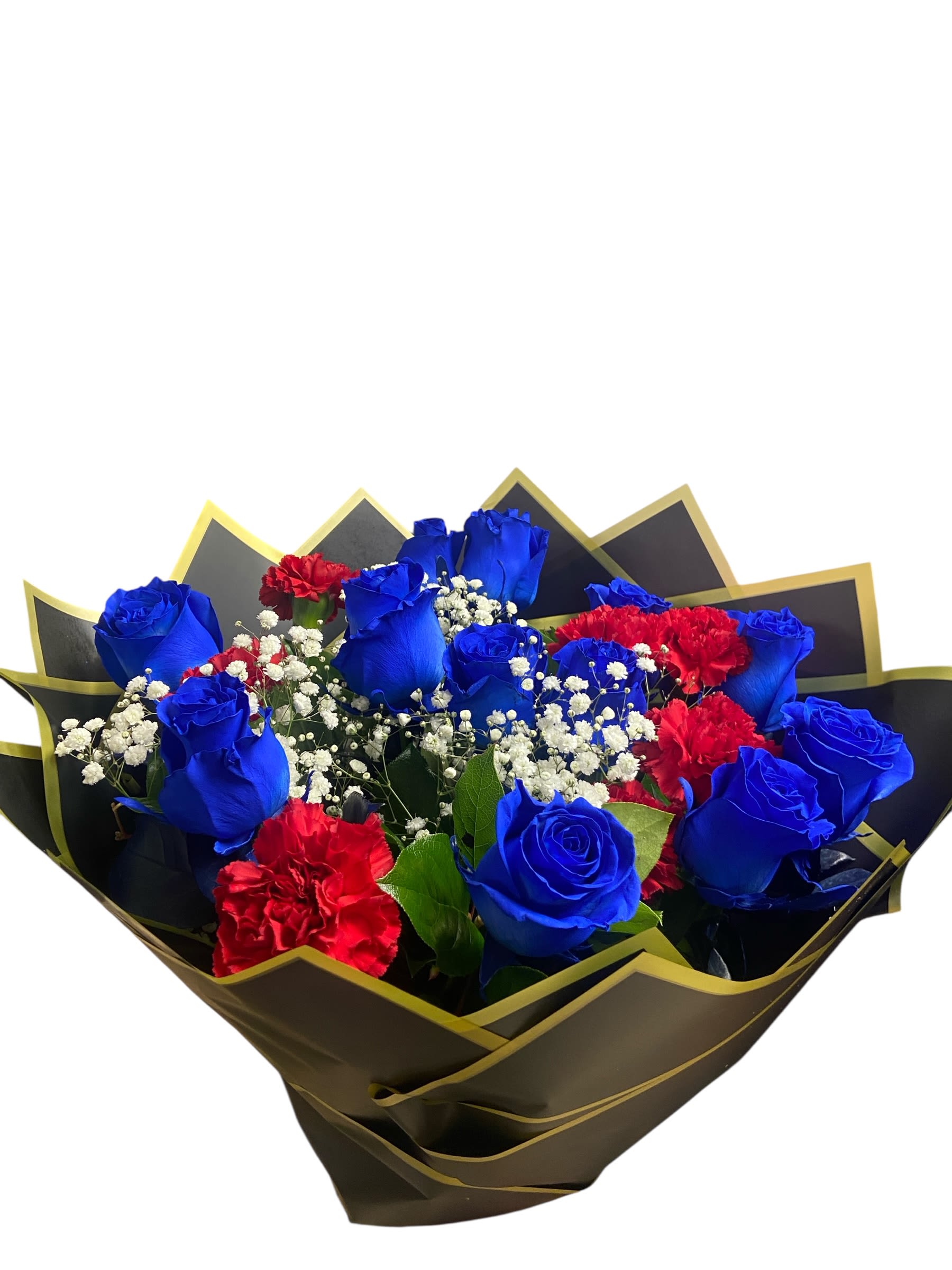 Bouquet of blue roses and red carnations with white baby's breath