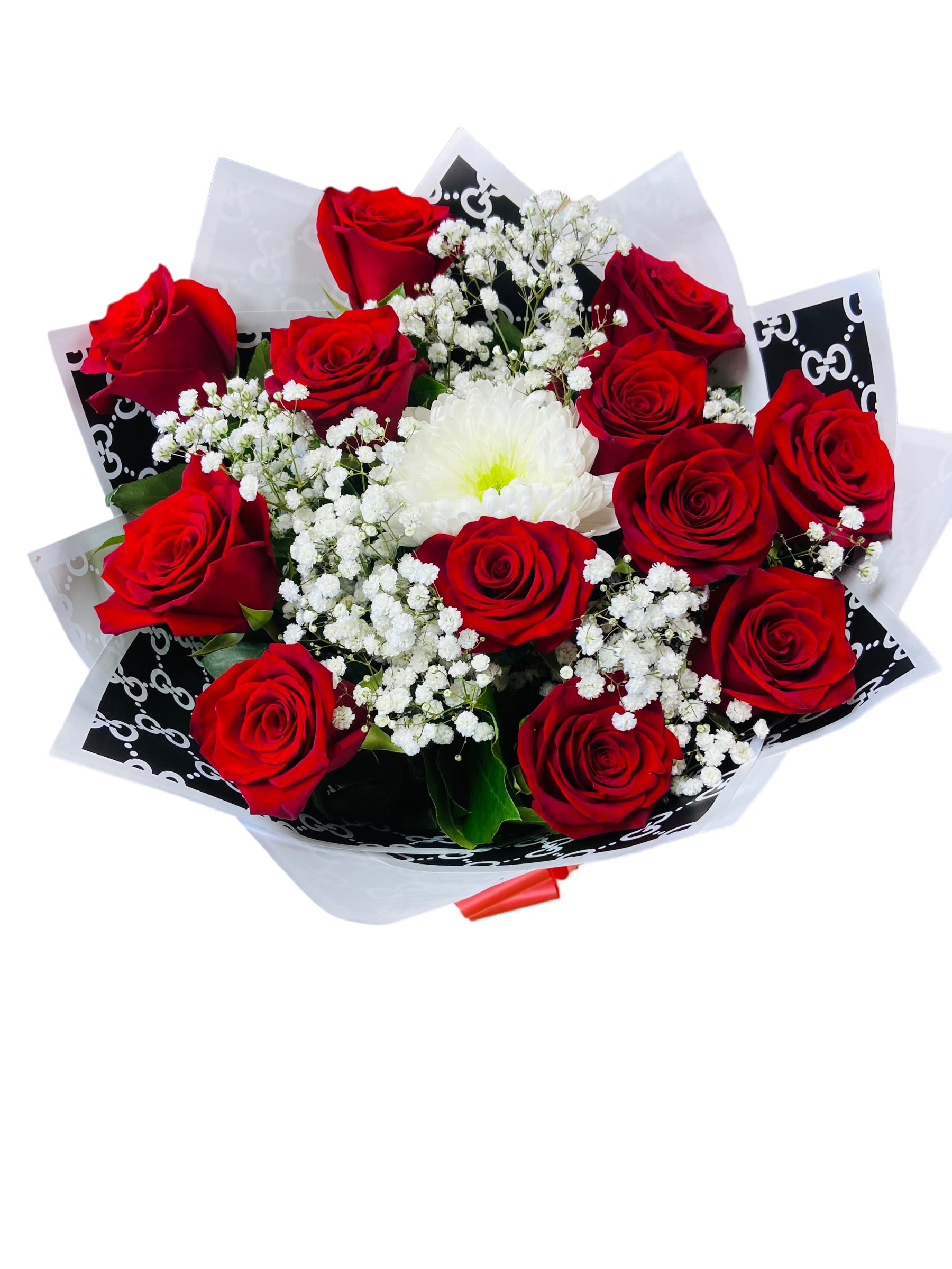 Bouquet of red roses with white filler flowers and a white bloom