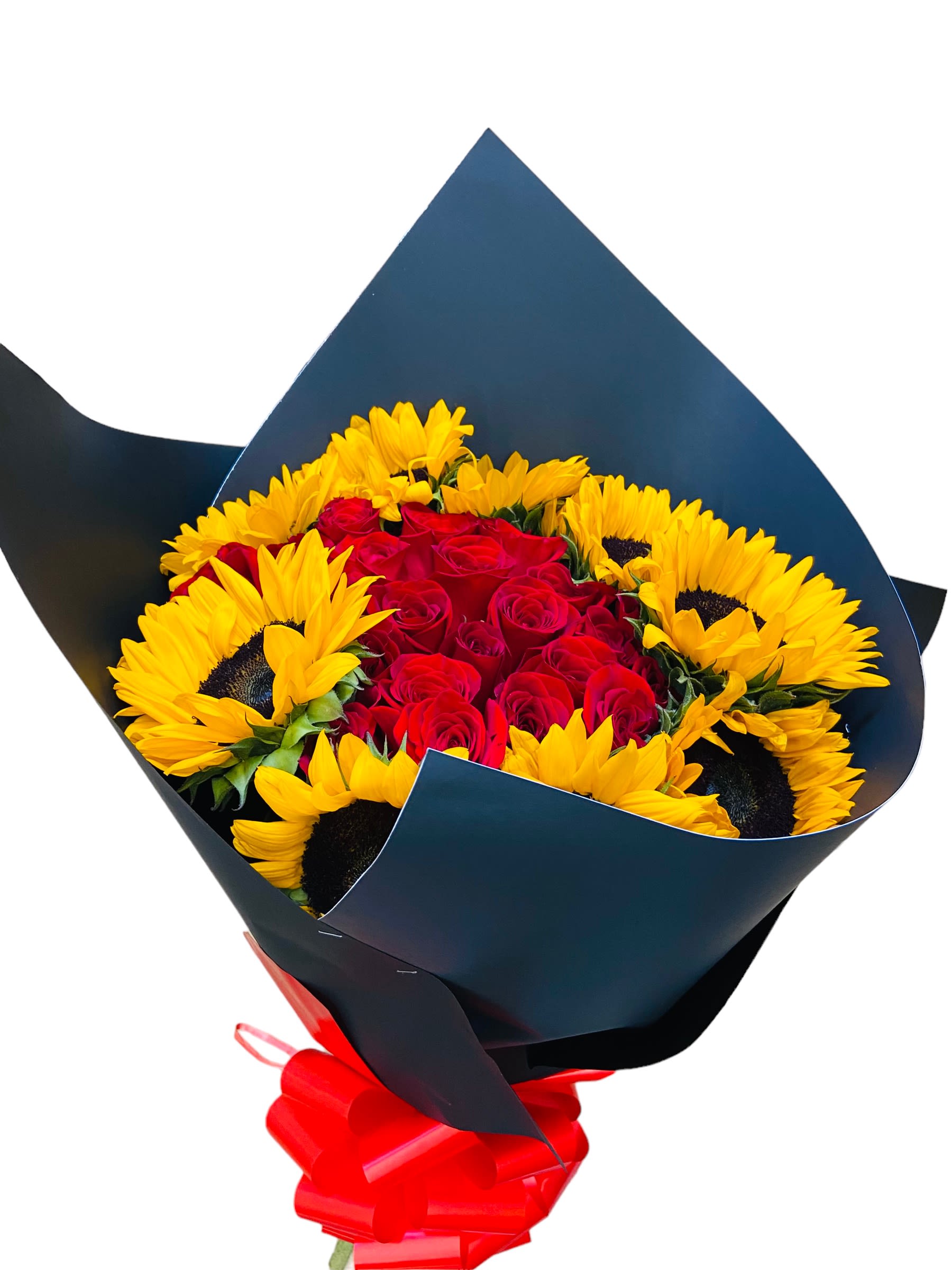 Bouquet of red roses and yellow sunflowers wrapped in dark paper with a red bow