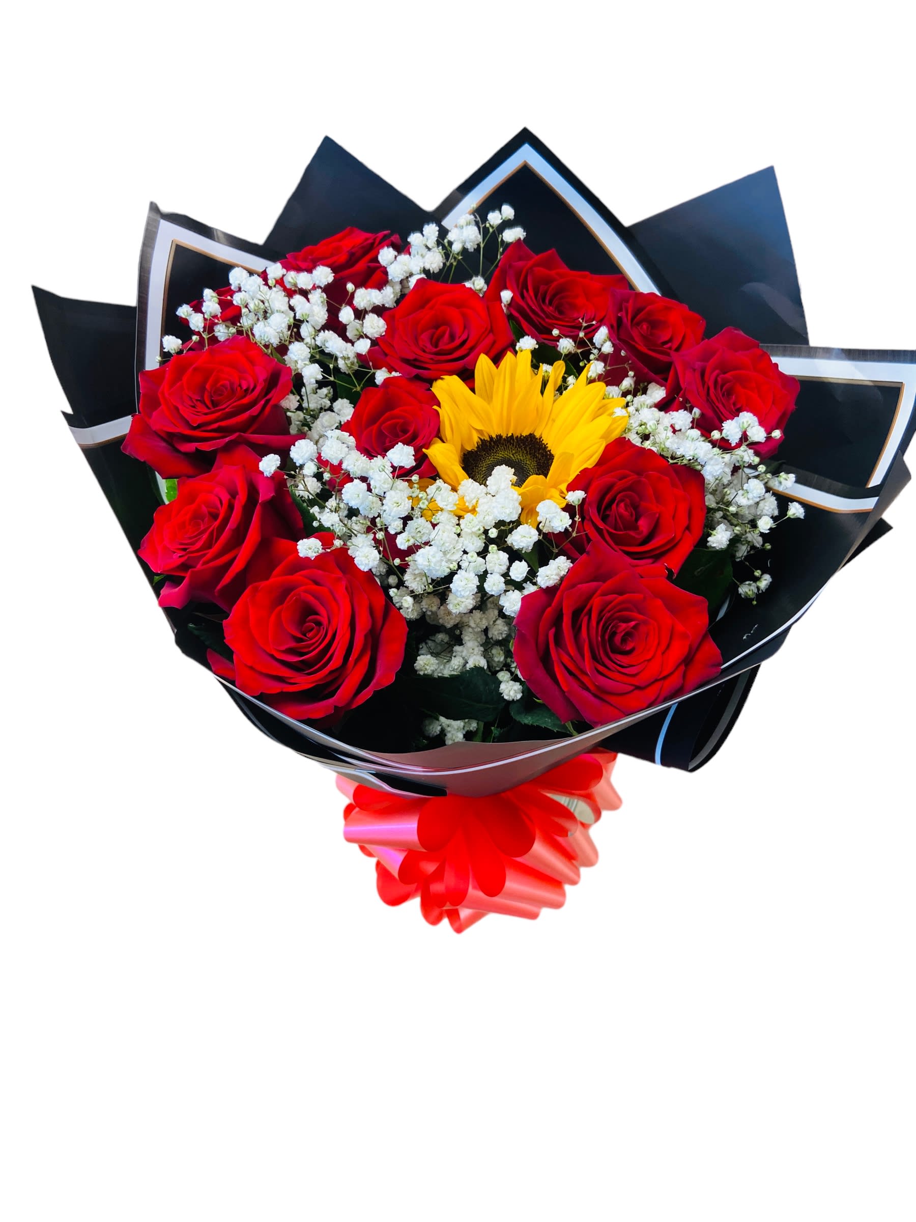 Bouquet of red roses with a yellow sunflower and white baby's breath