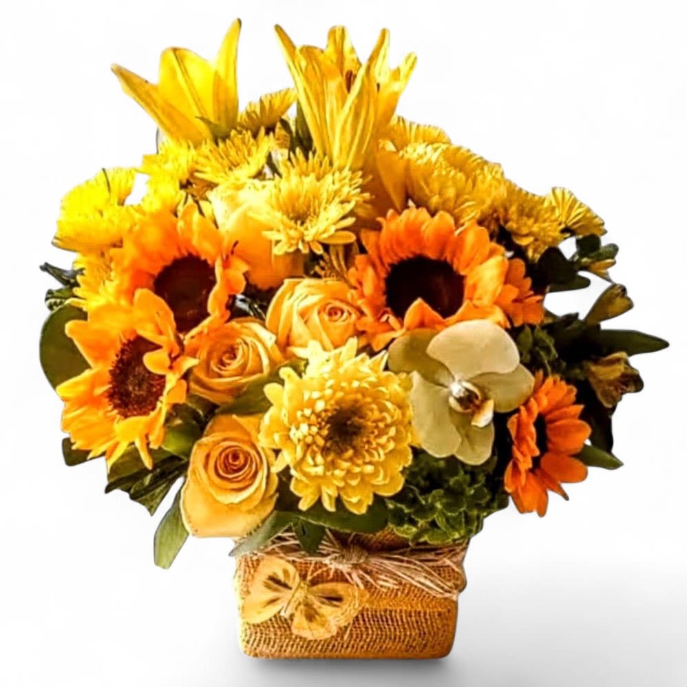 Thinking Of You Designer's Choice - Roses sunflowers and more arranged in a modern glass cube style vase wrapped in pretty yellow jute ribbon. Always made extra special and unique each time. Perfect to send for a condolences. Send them your deepest condolences.