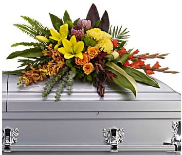 Island Memories Casket Spray - Graceful and fresh, this tropical-influenced spray sheds light on memories that will be forever treasured. Splashed with color and grounded with earth tones, it lends comfort and hope to any memorial.
