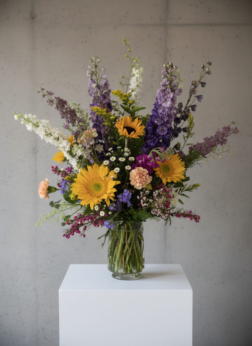 Golden Meadow - Like a walk through a sunlit wildflower meadow, Golden Meadow is a lush garden-inspired arrangement overflowing with cheerful blooms, soft textures, and natural movement. Designed in the signature Design in Blooms style, it celebrates the beauty of the season with an abundant, organically gathered look that's perfect for birthdays, celebrations, or simply brightening someone's day.