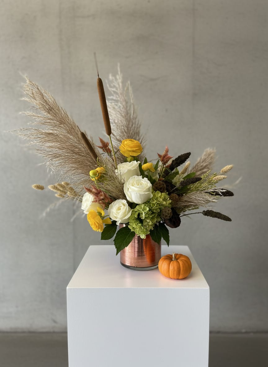 Prairie Whisper - Prairie Whisper is a graceful garden-style bouquet inspired by the quiet beauty of open fields swaying in the breeze. Luxurious Playa Blanca roses are paired with buttery yellow ranunculus and an artful collection of natural botanicals, creating layers of soft texture, airy movement, and effortless elegance. Thoughtfully gathered in the Design in Blooms signature style, this bouquet evokes the warmth of golden landscapes and the peaceful charm of nature.