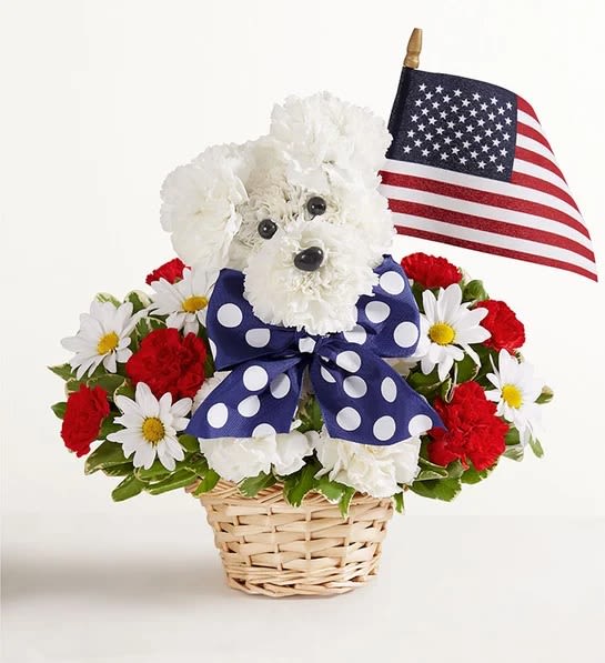 All American Pup - This floral arrangement is designed to look like a cheerful white puppy sitting in a basket. The “pup” is crafted from clusters of fluffy white carnations, with dark button-like eyes and a small black nose that give it an adorable expression. Around the puppy are bright red carnations and white daisies with yellow centers, creating a patriotic red, white, and blue theme.  The dog wears a large navy-blue ribbon with white polka dots tied around its neck, adding a playful touch. An American flag rises from the back of the arrangement, reinforcing the festive, patriotic style. Everything is arranged in a light woven wicker basket with fresh greenery filling in the base.  Overall, it feels cute, celebratory, and perfect for holidays like the Fourth of July, Memorial Day, or to send as a heartfelt American-themed gift.