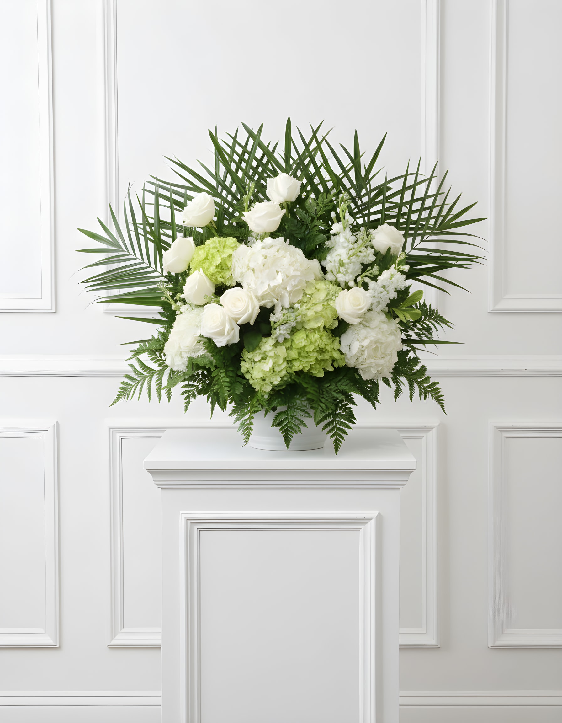Hydrangea and rose floor spray - This arrangement stands approximately 3’ in height and is a one sided design.