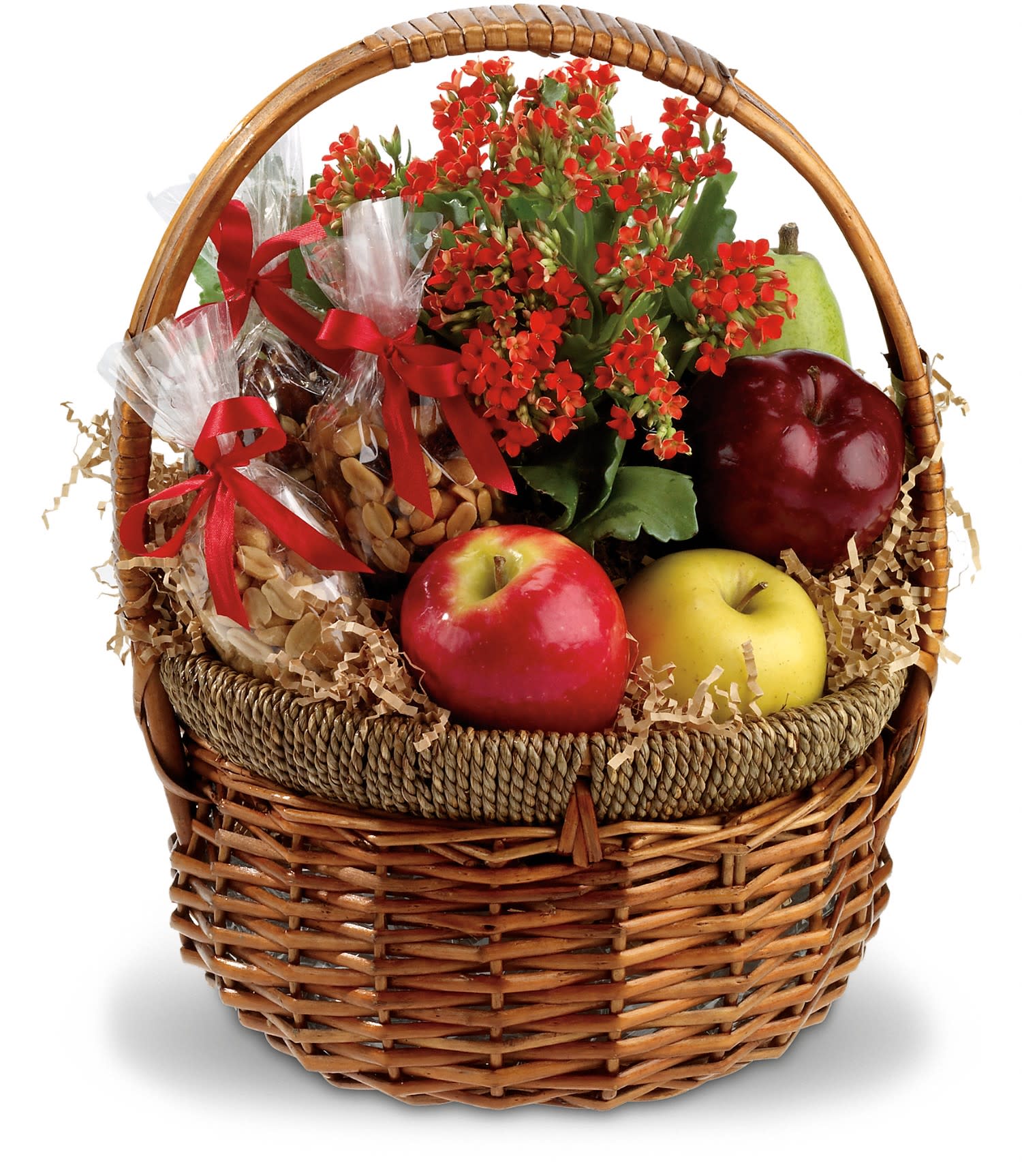 Gift basket with red flowers, apples, pears, and wrapped snacks