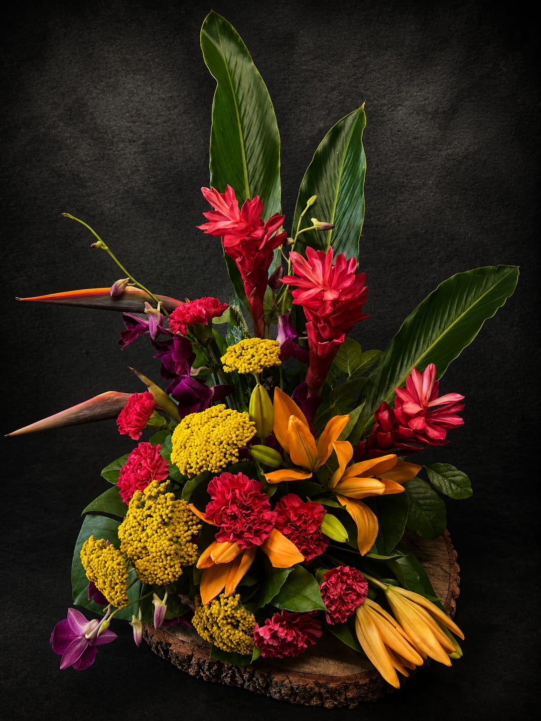 Let's Go Tropical - Bold, exotic and instantly celebratory-the Let's Go Tropical flower arrangement is a tropical flower arrangement perfect for birthdays, congratulations, or a vibrant thank-you gift. Tall glossy tropical foliage and upright leaves give it a dramatic vertical silhouette while vivid red ginger and ruffled red carnations draw the eye upward, so the person you're honoring feels noticed and celebrated the moment it arrives.  A dense, layered composition of orange lilies, purple orchids, clustered yellow button mums and mixed chrysanthemums sits on a natural wood slice base inside a woven basket, blending warm sunlit tones with deep green accents for high-contrast impact. The mix of textures-from the sleek calla-like blooms and orchids to the ruffled carnations and button mums-creates a sculptural, long-lasting presentation that reads both formal and joyfully festive.  Ideal for someone who loves bold color and tropical flair, this arrangement makes a striking centerpiece for a party or a memorable solo gift that says "you brighten my day." Arrives arranged in the basket on the wood base; to keep blooms looking their best, place out of direct sunlight and refresh the water if provided with a foam insert.