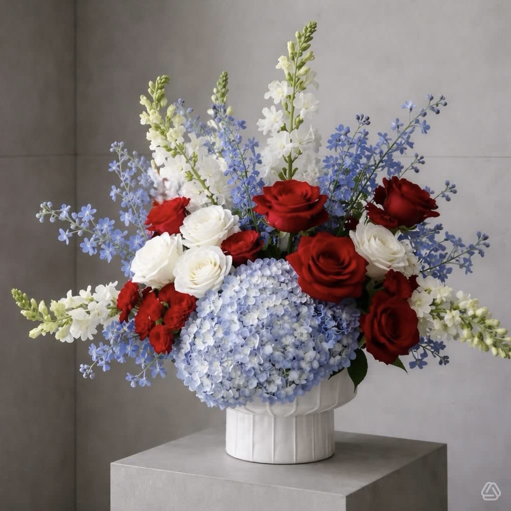 250th - Red and white roses mingle with a generous mound of pale blue hydrangeas and airy blue-and-white filler, while tall white snapdragon spikes lift the design into a graceful, layered silhouette. Perfect pop to celebrations!  The bouquet is arranged in a clean white ceramic vase with classic Hydrangeas complemented with lush roses, airy snapdragons and delphinium. 