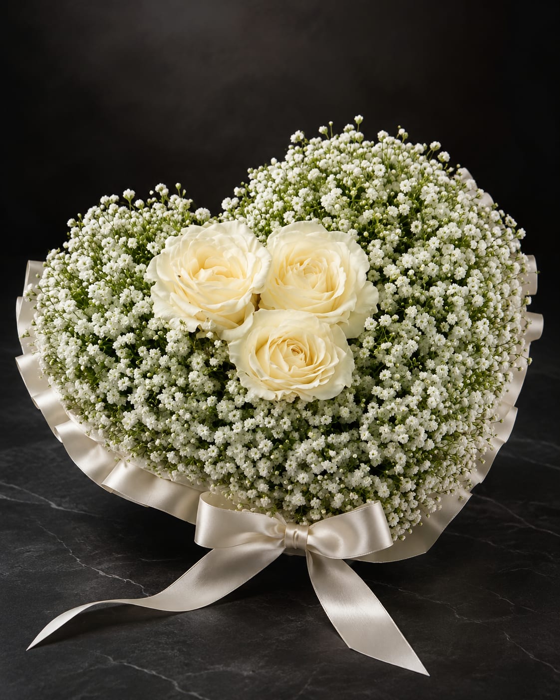Heart of promises - Three cream-white roses sit at the heart of a full, rounded dome of tiny white filler flowers, making this flower arrangement a serene choice for a wedding bouquet or a sympathy offering. The white-on-white palette and soft textures create a quietly elegant mood that makes the recipient feel comforted and thoughtfully remembered-perfect for ceremonial moments or intimate romantic gestures.  The compact, highly textured dome is finished with a wide ivory satin ribbon and matching decorative wrap tied into a neat bow, giving the arrangement a polished, formal look. Colors are restrained-white and soft green accents-and the design reads classic and refined. Ideal for someone who appreciates understated beauty, it arrives ready to present and is sized for easy carrying or placement on a small pedestal or tabletop.