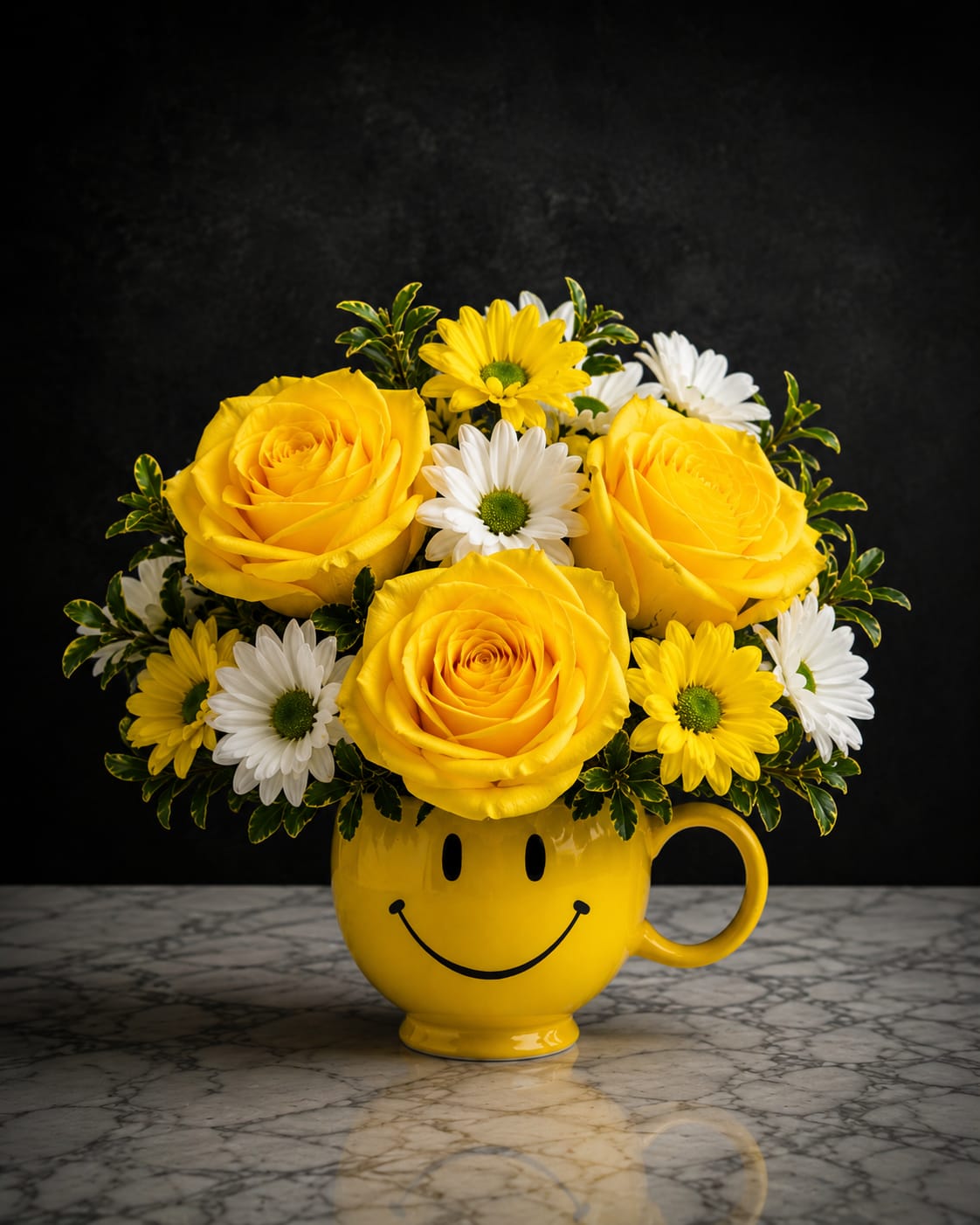 Sunshine Bliss - Bright yellow roses and cheerful white-and-yellow daisies mingle in a compact, casual arrangement made for spreading joy-perfect as a birthday bouquet, a thank-you gift, or an everyday pick-me-up. The sunny palette and playful presentation make the recipient feel genuinely seen and uplifted, the kind of floral surprise that brightens a morning or turns an ordinary day into something special.  Tightly gathered blooms sit in a glossy yellow ceramic mug with a black smiley-face design, giving the piece an upbeat, friendly character that reads as both modern and whimsical. Colors are vivid yellow, crisp white, and fresh green foliage; the rounded, casual shape fits comfortably on a desk, bedside table, or kitchen counter. The arrangement arrives ready to display-mug included-so she'll enjoy the look and the easy charm immediately.