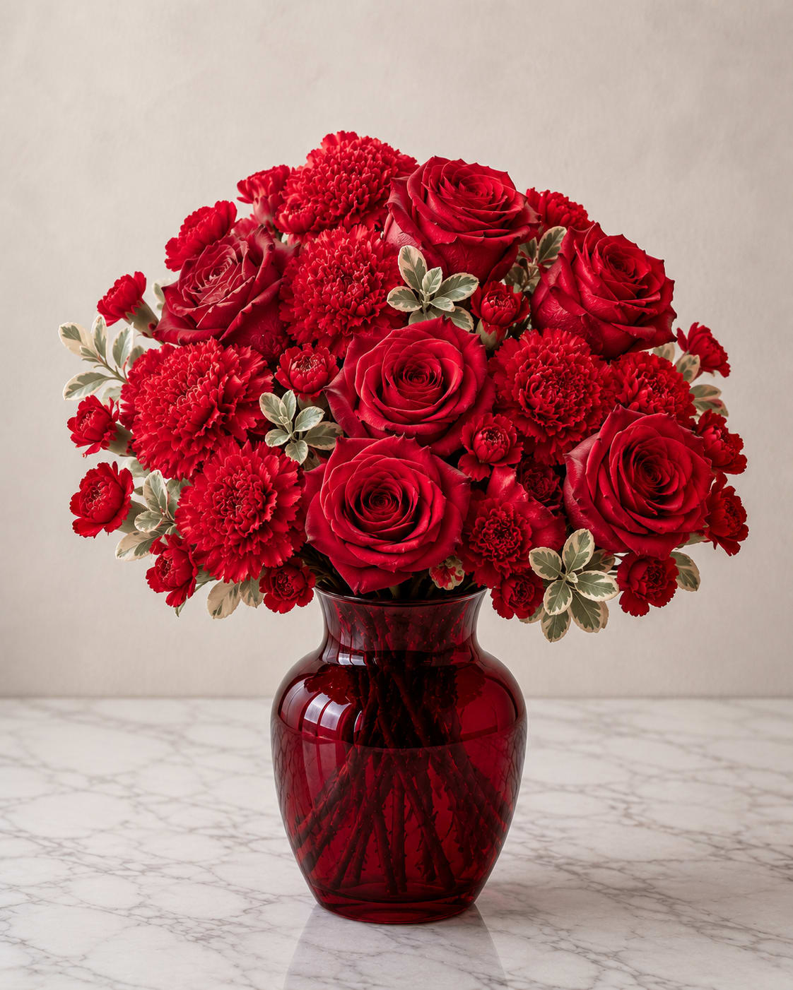 Scarlet Passion - A lush cluster of red roses and carnations makes a bold romantic statement in this flower arrangement-ideal as a birthday bouquet, anniversary roses, or a Valentine's Day gift for the person you want to make feel deeply adored. The saturated red blooms form a full, rounded silhouette that reads both classic and festive, with small variegated foliage adding just enough contrast to lift the composition.  Silky red roses sit tightly with ruffled red carnations in a compact design that emphasizes color and texture. The arrangement is presented in a red glass vase that reinforces the monochromatic palette and gives a polished, seasonal look perfect for winter or holiday styling. This is the sort of bouquet that says "I'm thinking of you" with confident, timeless romance-simple care is needed to keep blooms fresh, and the size and compact shape make it easy to place on a table, desk, or bedside.