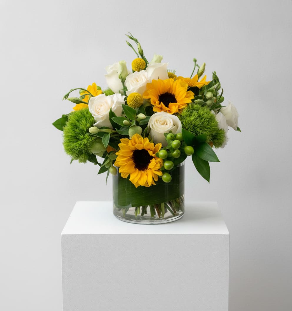 Sunflower Splendor  - Sunflowers and roses accented with textured green flowers 
