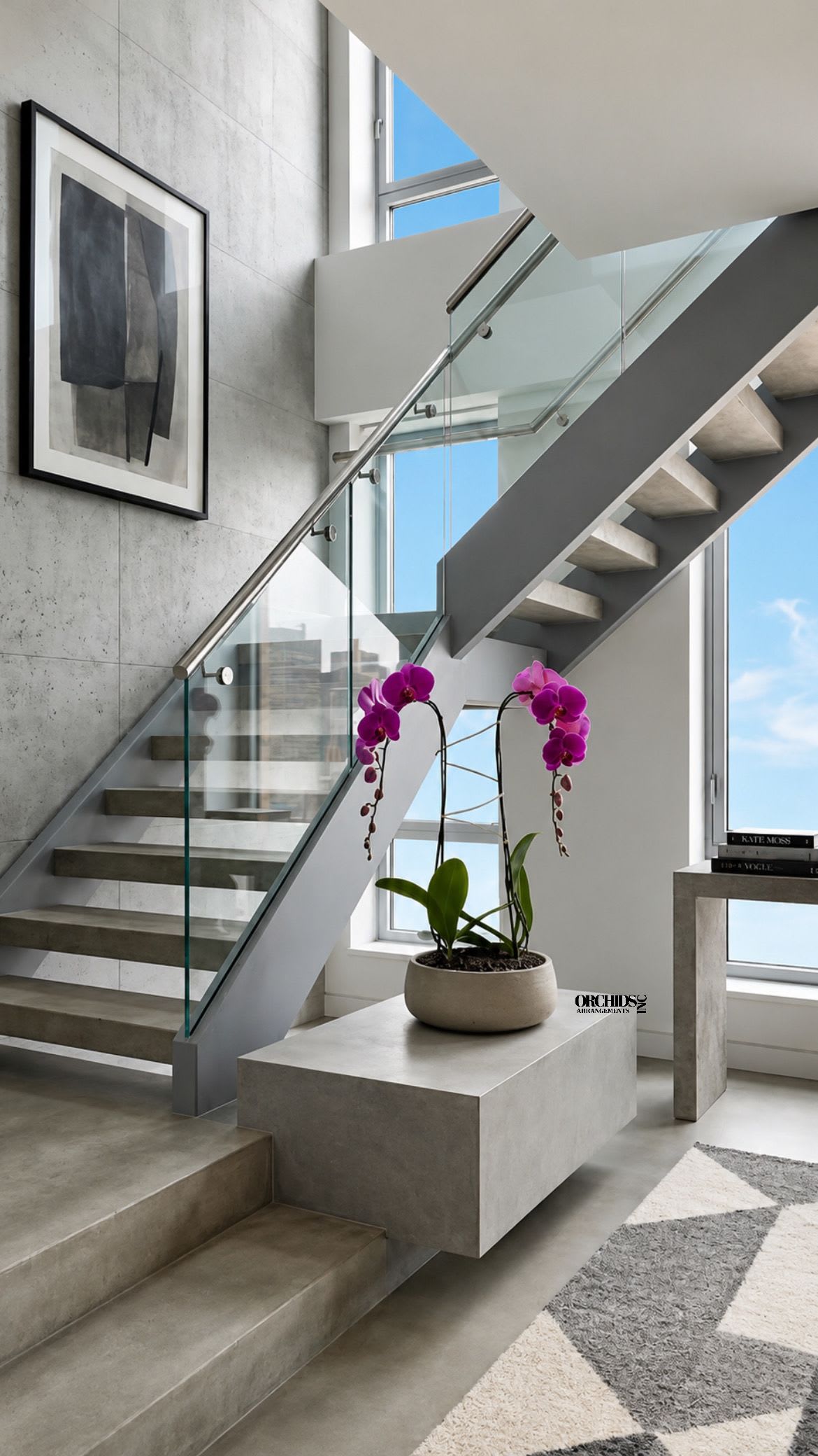 Purple Phalaenopsis Orchid Arrangement – Double Stem Modern Centerpiece - Double Luxury Purple Phalaenopsis orchid Arrangement designed for gifting with a Natural Vase  12.5” x 5”  . We offer flower delivery, same day flower delivery, orchid delivery, and same day orchid delivery in Miami Dade Broward and Palm Beach.