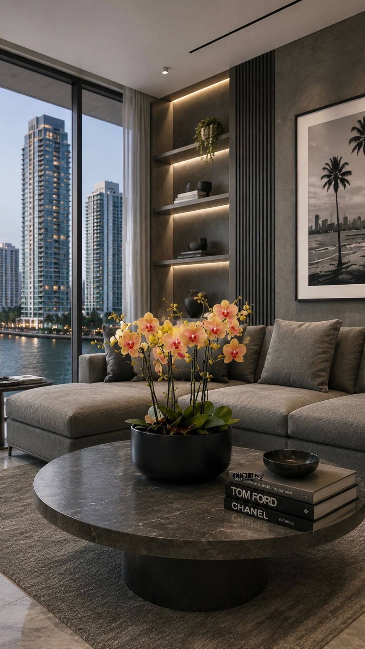 Peach Phalaenopsis Orchid Arrangement – 6 Stem Contemporary Arrangement - A luxury Six Luxury Peach Phalaenopsis orchid Arrangement designed for gifting with a Black Vase 12” x 6”. We offer flower delivery, same day flower delivery, orchid delivery, and same day orchid delivery in Miami Dade Broward and Palm Beach.