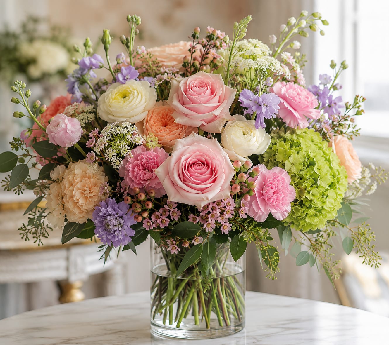 European Embrace of Flowers  - Soft garden pastels come together in a romantic flower arrangement perfect for a birthday bouquet, thank-you gift, or a gentle spring celebration. Large pink and cream roses take center stage, surrounded by ruffled carnations and fluffy hydrangea for a full, textured look that reads as effortlessly European-she'll feel truly cherished when this is delivered.  Lavender daisies and small filler blooms weave pale peach and pale green accents through the design, creating a fresh, layered palette of pink, white, purple, and peach. The mixed-stem display arrives arranged in a clear glass vase that showcases the stems and keeps the style airy and modern; the overall effect is full but not fussy, ideal for a bedside table, dining centerpiece, or office brightener.  This is the kind of arrangement that says "you matter" without words-perfect for celebrating a milestone, saying thank you, or brightening someone's day. Arrange care is simple: keep water fresh and trim stems every couple of days to prolong bloom life; available in the pictured size with vase included for easy gifting.