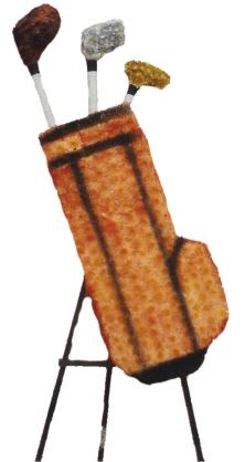 Golf bag-shaped decorative item with three club heads sticking out
