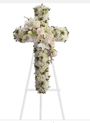 Divine Light Cross - Steadfast devotion and hopes for eternal salvation are expressed with this gracefully elegant cross featuring a sash of white lilies. Your faith and sincere condolences will comfort the bereaved.