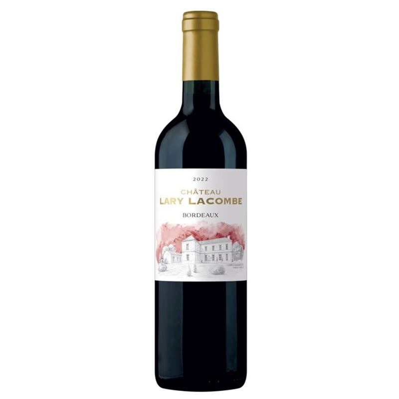 Bottle of red wine with a labeled paper neck and front label