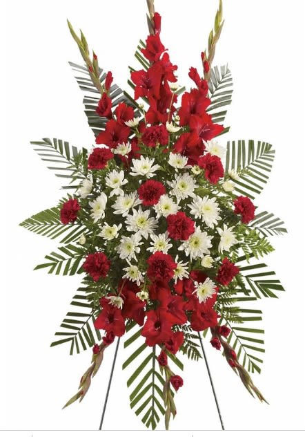 Strength &amp; Solace Spray - A beautiful complement to the memorial service, this gorgeous spray of red and white floral favorites will be deeply appreciated by the family during their time of loss. Other colors are available