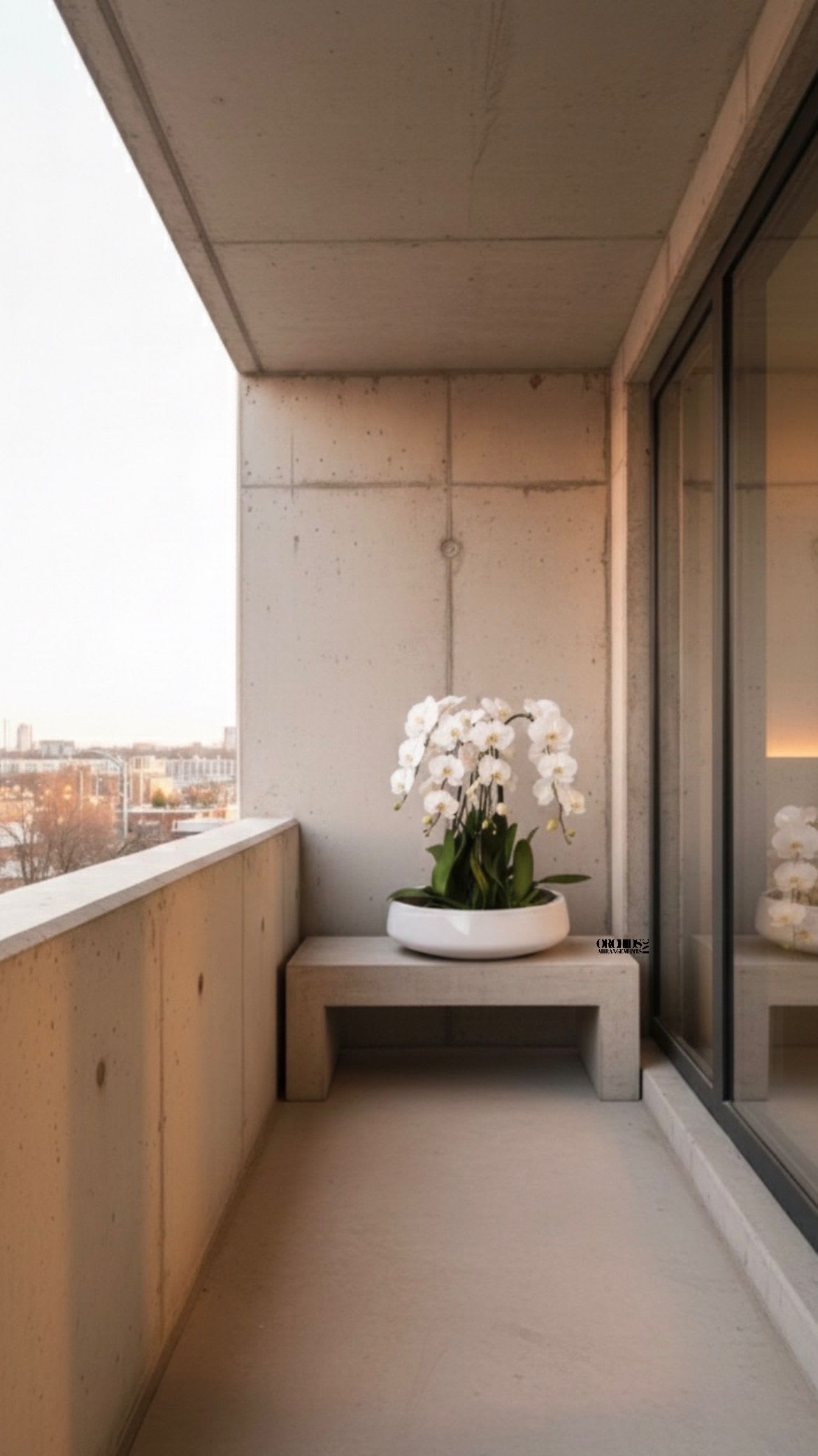 White orchids in a low white planter on a balcony