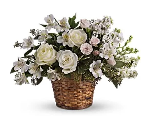 Love's Journey - Send comfort and thoughts of hope for a brighter day with this peaceful basket of white sympathy blooms, and a sweet hint of pink. Gently uplifting, it is perfect for the service.