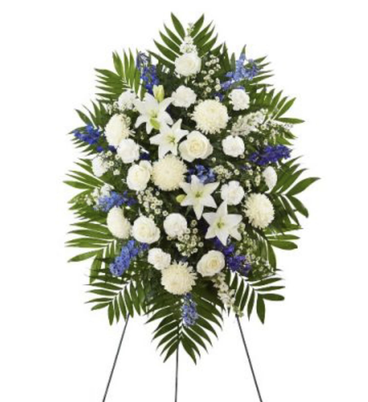 White and blue funeral spray on a standing easel