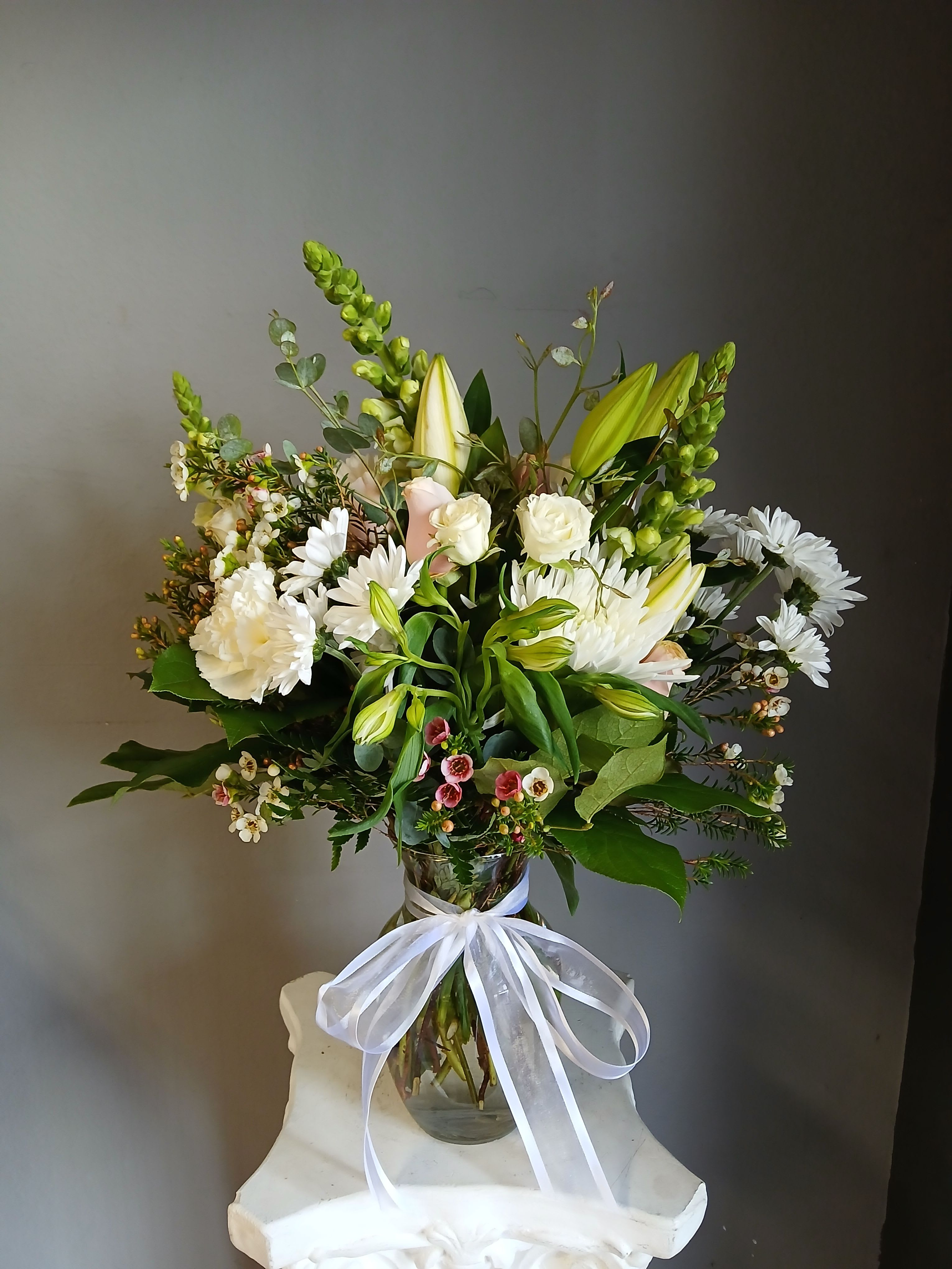 745 Designer's Choice  - All white with a touch a pink vase arrangement 
