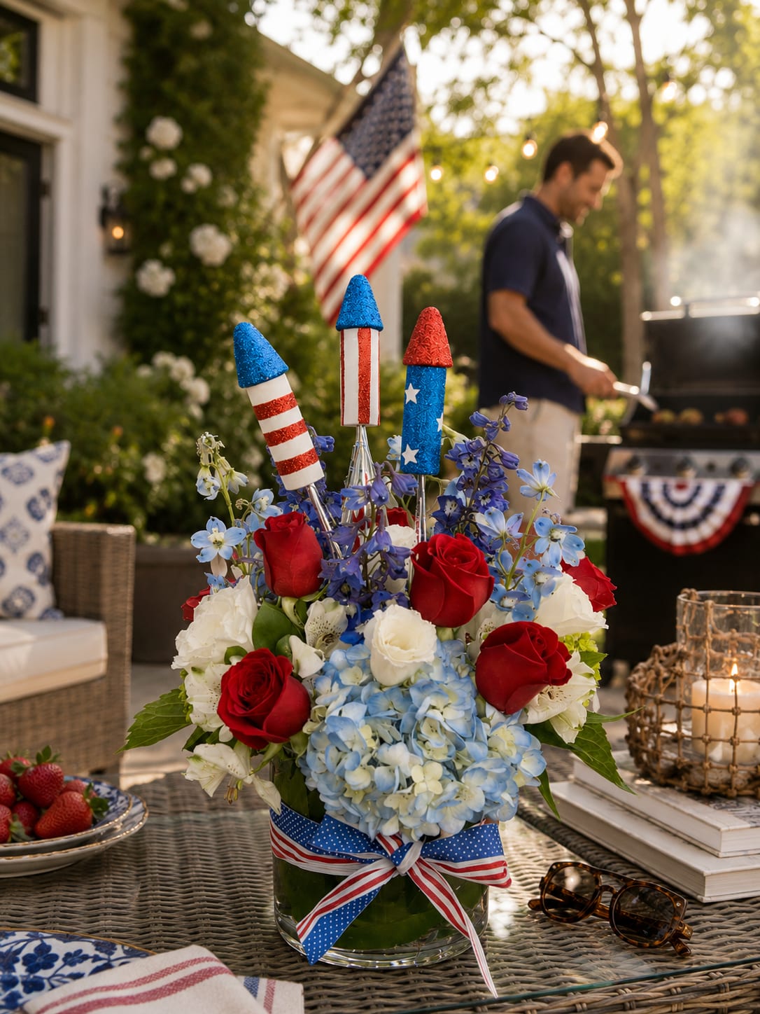 Rockets Red Glare - Fireworks and the Fourth of July go hand in hand! Celebrate Independance day with this Red, white, and Blue arrangement! included in this design is Hydrangea, roses, Lisianthius, Delphinium, and Alstromeria and some patriotic Fireworks to make the whole design POP!